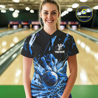 Blue bowling jerseys Bowling Polo, 1/4 Zip Shirt for Women Custom Bowling Team shirts for bowlers NQS11083