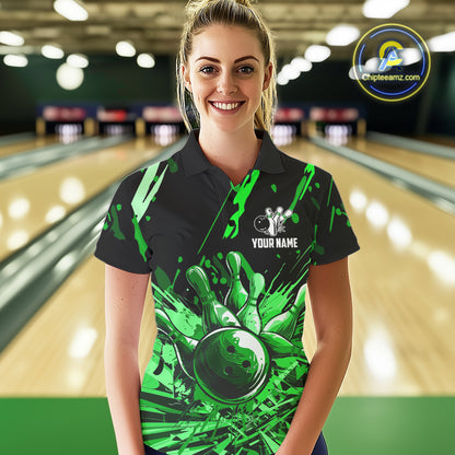 Green bowling jerseys Bowling Polo, 1/4 Zip Shirt for Women Custom Bowling Team shirts for bowlers NQS11084