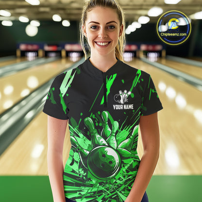 Green bowling jerseys Bowling Polo, 1/4 Zip Shirt for Women Custom Bowling Team shirts for bowlers NQS11084