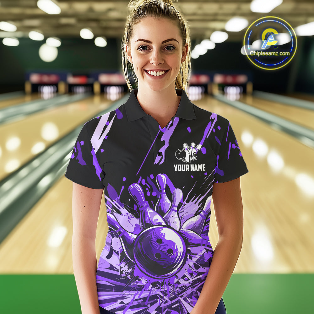 Purple bowling jerseys Bowling Polo, 1/4 Zip Shirt for Women Custom Bowling Team shirts for bowlers NQS11085