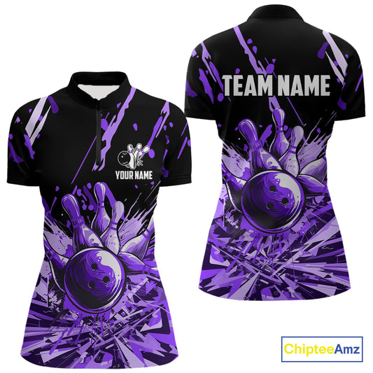 Purple bowling jerseys Bowling Polo, 1/4 Zip Shirt for Women Custom Bowling Team shirts for bowlers NQS11085
