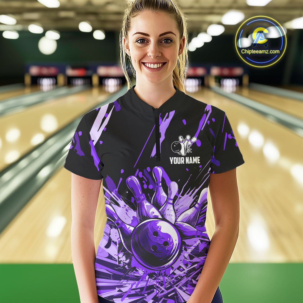 Purple bowling jerseys Bowling Polo, 1/4 Zip Shirt for Women Custom Bowling Team shirts for bowlers NQS11085