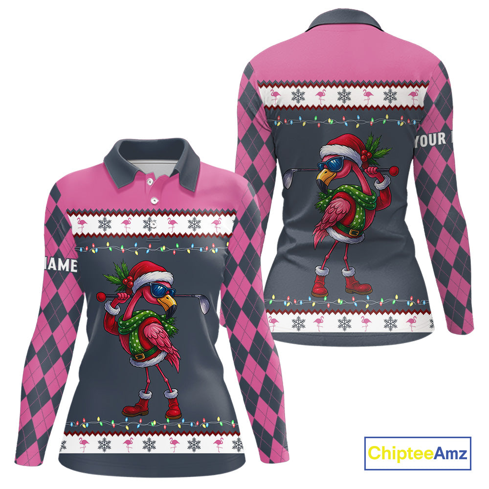 Pink argyle pattern Funny Christmas Flamingo Womens golf polo shirt custom golf attire for ladies NQS11088