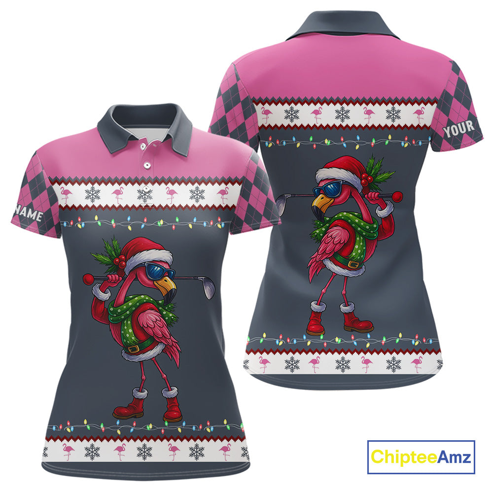 Pink argyle pattern Funny Christmas Flamingo Womens golf polo shirt custom golf attire for ladies NQS11088