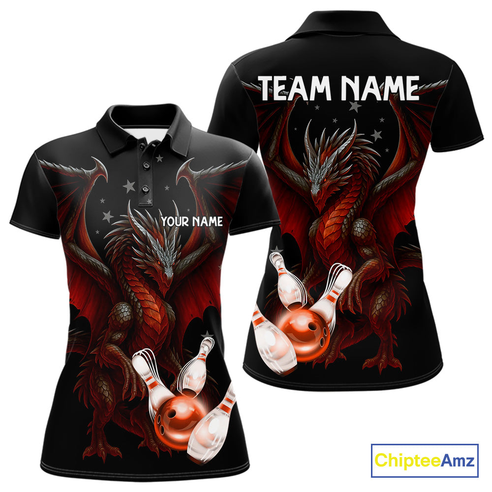 Custom Black And Red Dragon Bowling Shirts For Women, Team Bowling League Shirts NQS11090