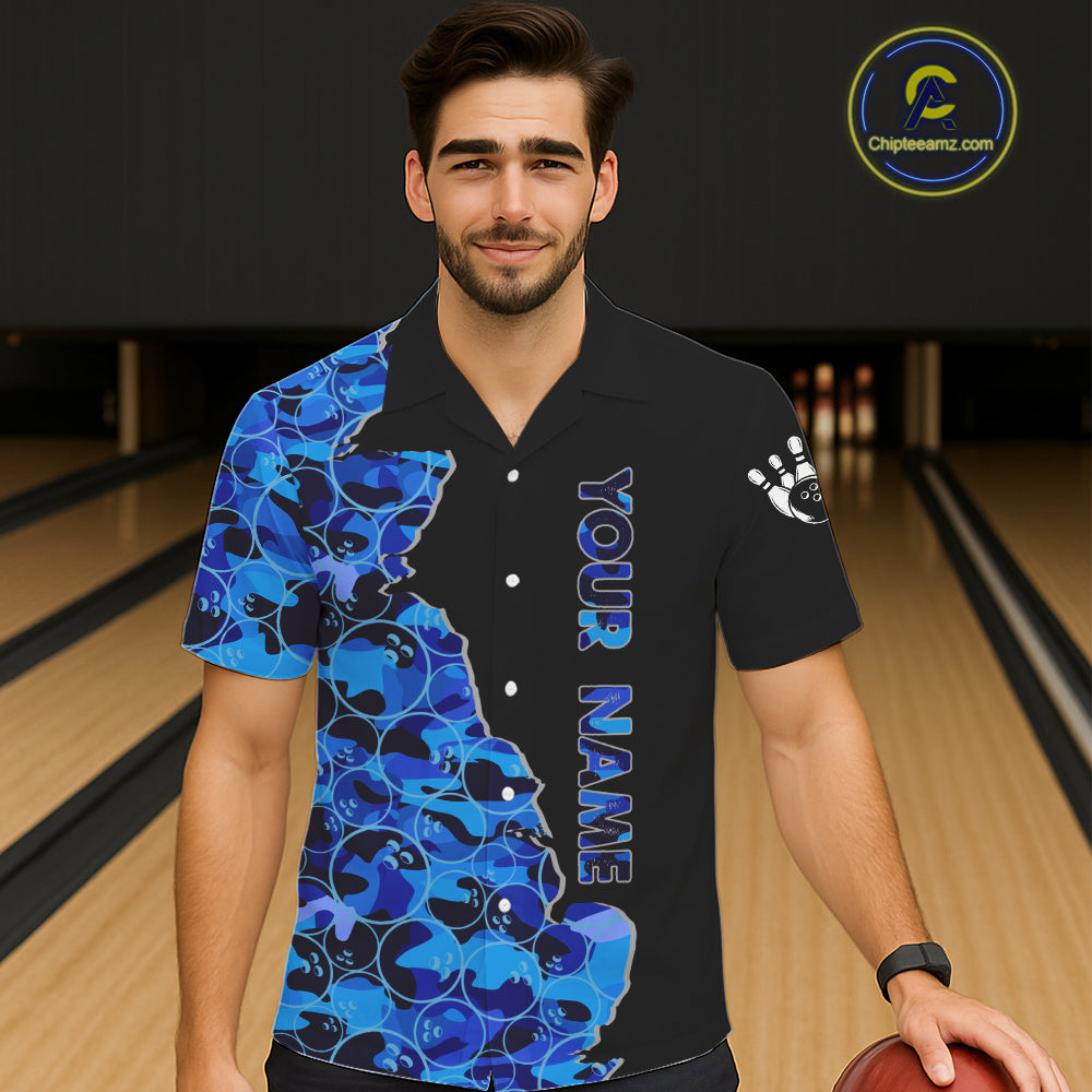 Black & Blue Camo Team Hawaiian bowling shirts Custom bowling shirts with name, Team Bowling Jerseys NQS11508