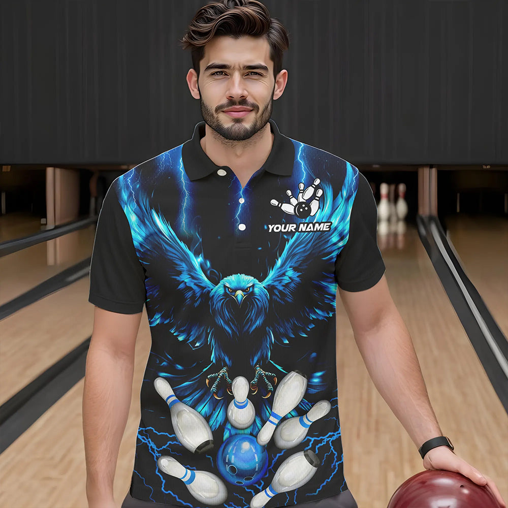 Custom Blue Lightning Thunder Eagle Men Bowling Polo, Quarter Zip Shirts Bowling Team Jerseys Outfits NQS9577