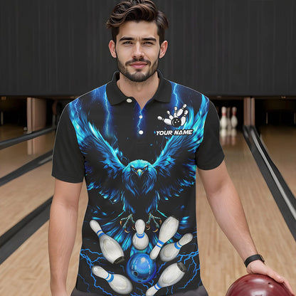 Custom Blue Lightning Thunder Eagle Men Bowling Polo, Quarter Zip Shirts Bowling Team Jerseys Outfits NQS9577
