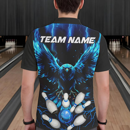 Custom Blue Lightning Thunder Eagle Men Bowling Polo, Quarter Zip Shirts Bowling Team Jerseys Outfits NQS9577