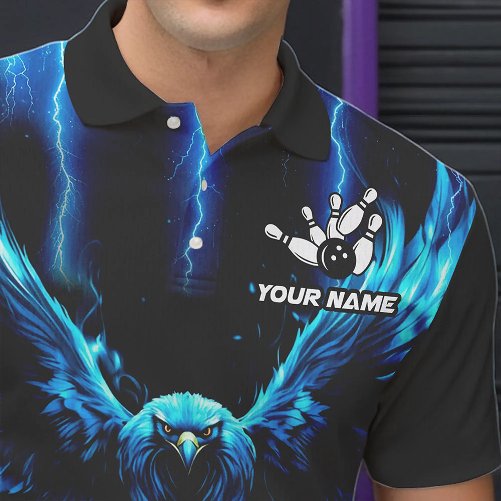 Custom Blue Lightning Thunder Eagle Men Bowling Polo, Quarter Zip Shirts Bowling Team Jerseys Outfits NQS9577