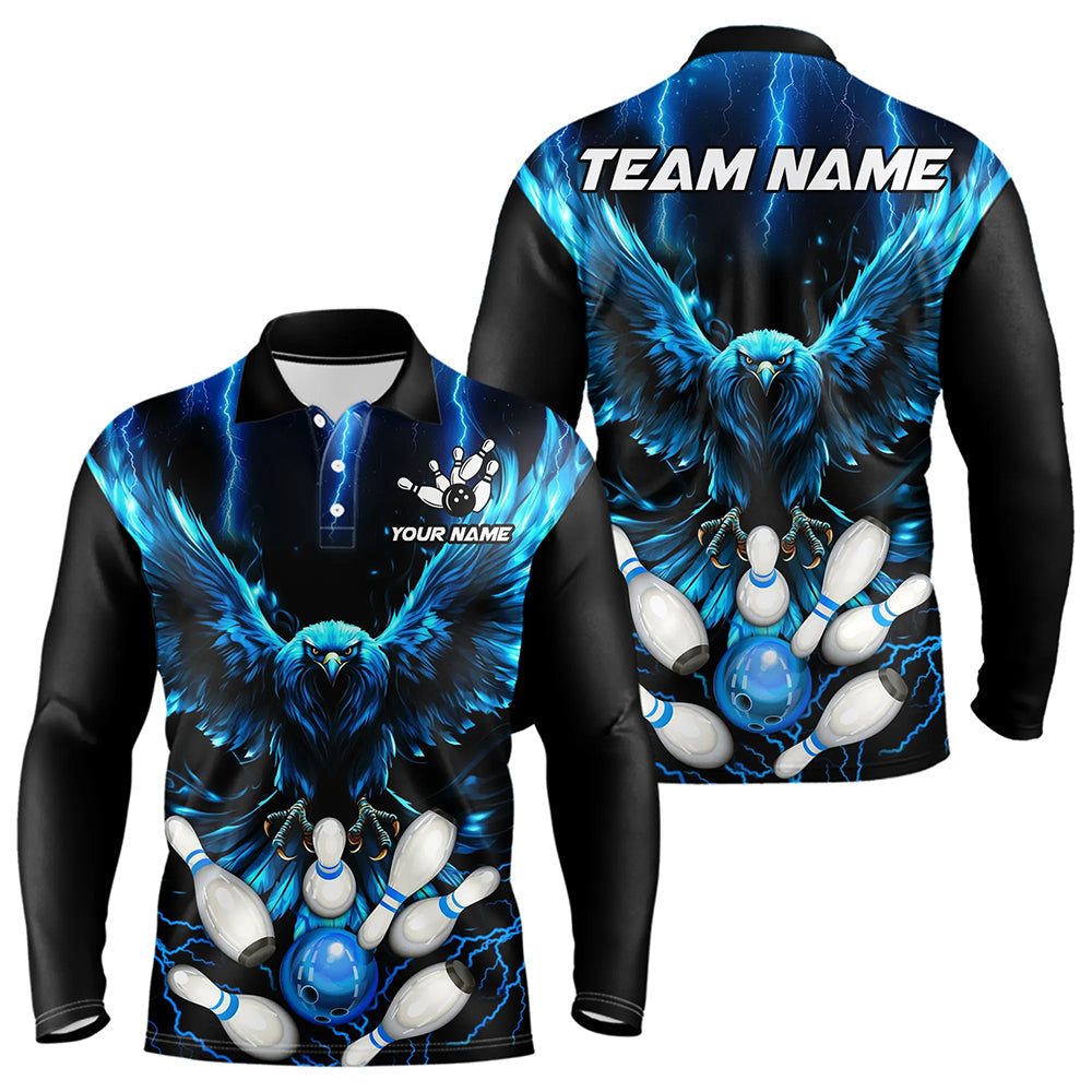 Custom Blue Lightning Thunder Eagle Men Bowling Polo, Quarter Zip Shirts Bowling Team Jerseys Outfits NQS9577