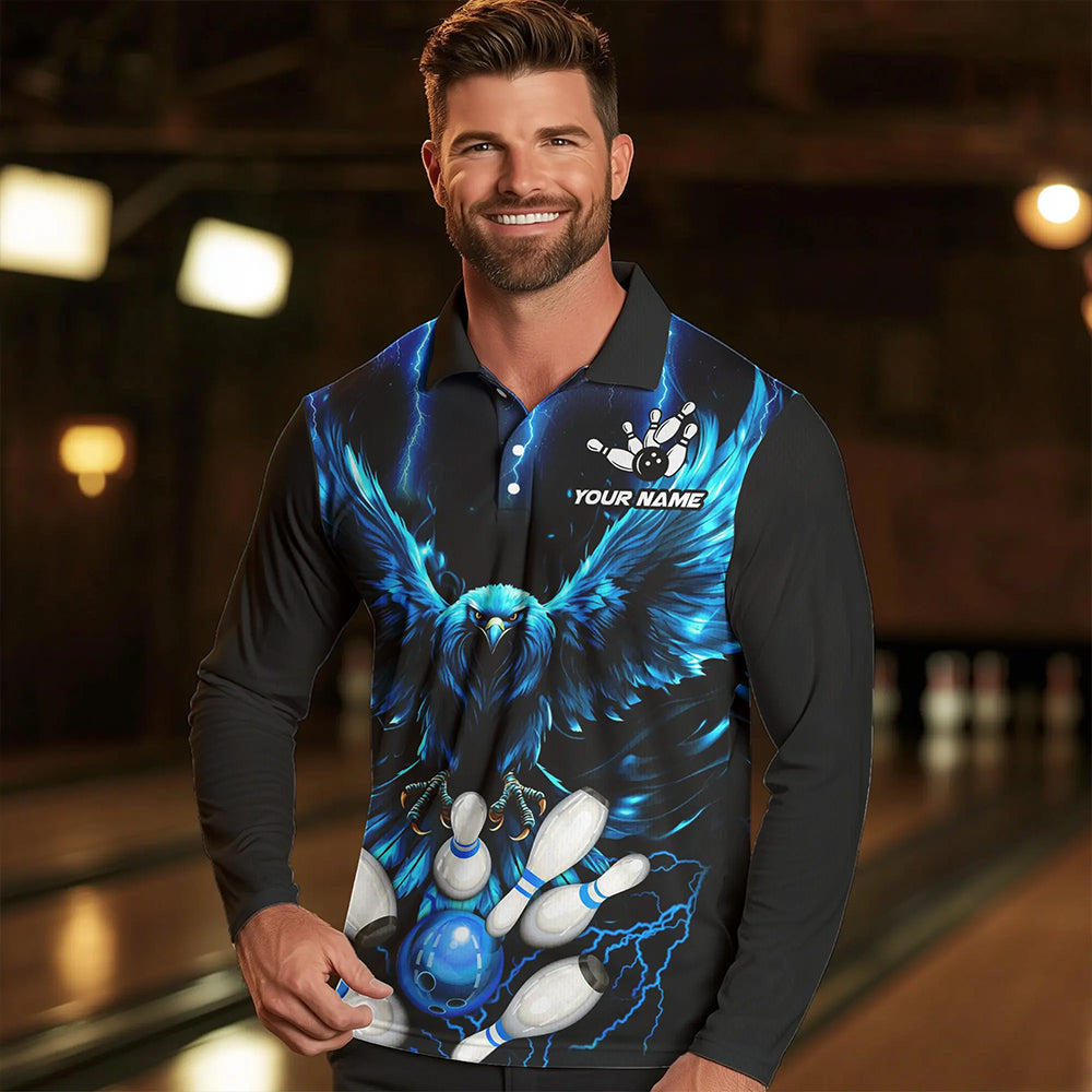 Custom Blue Lightning Thunder Eagle Men Bowling Polo, Quarter Zip Shirts Bowling Team Jerseys Outfits NQS9577