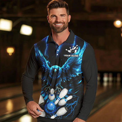 Custom Blue Lightning Thunder Eagle Men Bowling Polo, Quarter Zip Shirts Bowling Team Jerseys Outfits NQS9577