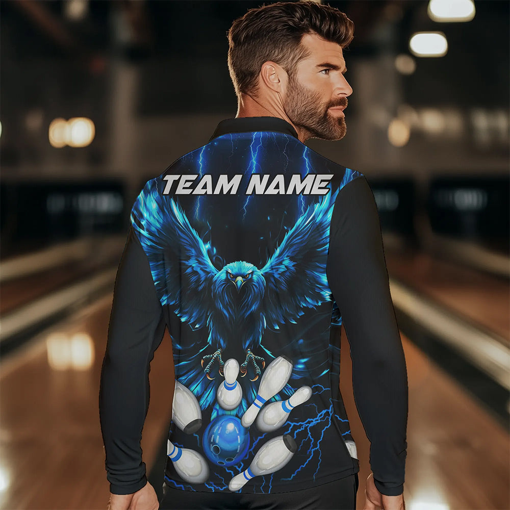 Custom Blue Lightning Thunder Eagle Men Bowling Polo, Quarter Zip Shirts Bowling Team Jerseys Outfits NQS9577
