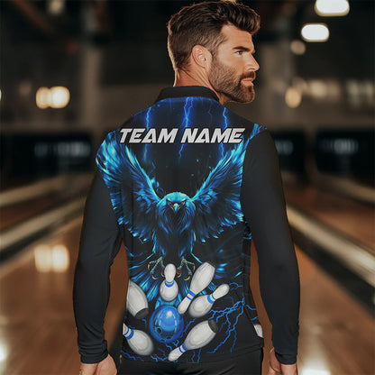 Custom Blue Lightning Thunder Eagle Men Bowling Polo, Quarter Zip Shirts Bowling Team Jerseys Outfits NQS9577
