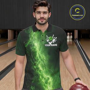 Men's Bowling Shirts Custom Green Lightning Thunder Bowling Team Jersey, gift for team Bowlers NQS10910