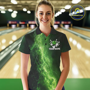 Women's Bowling Shirts Custom Green Lightning Thunder Bowling Team Jersey, gift for team Bowlers NQS10910