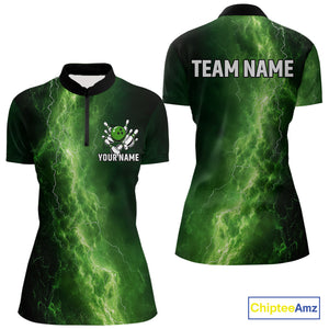 Women's Bowling Shirts Custom Green Lightning Thunder Bowling Team Jersey, gift for team Bowlers NQS10910