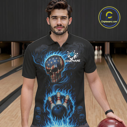 Custom Black and Blue Flame American Flag Skull Bowling Shirts for Men, Bowling Team League Jersey NQS10913