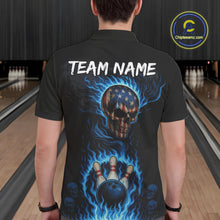 Load image into Gallery viewer, Custom Black and Blue Flame American Flag Skull Bowling Shirts for Men, Bowling Team League Jersey NQS10913