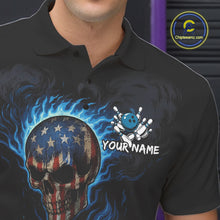 Load image into Gallery viewer, Custom Black and Blue Flame American Flag Skull Bowling Shirts for Men, Bowling Team League Jersey NQS10913