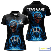 Load image into Gallery viewer, Custom Black and Blue Flame American Flag Skull Bowling Shirts for Women, Bowling Team League Jersey NQS10913