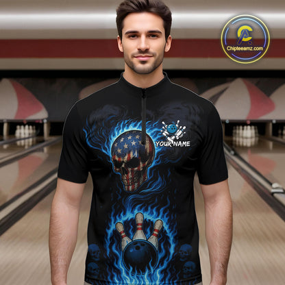 Custom Black and Blue Flame American Flag Skull Bowling Shirts for Men, Bowling Team League Jersey NQS10913