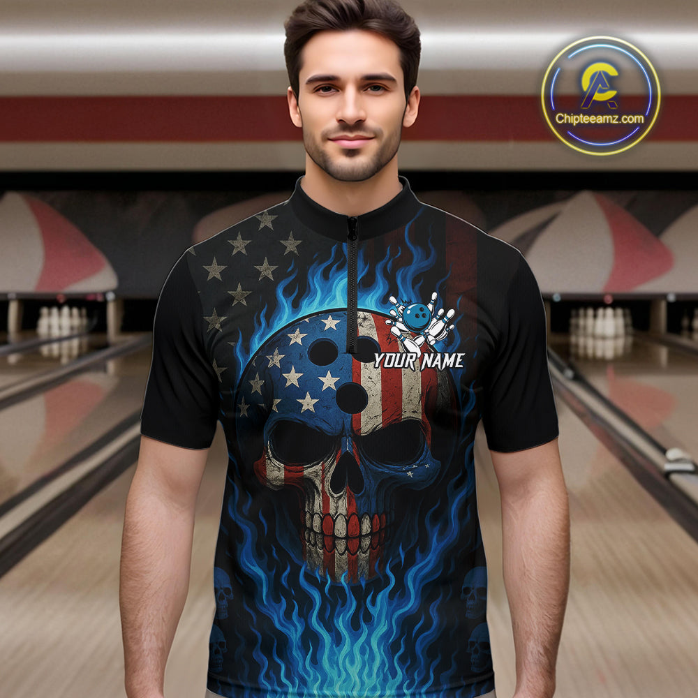 Personalized Blue Flame American Flag Skull Patriotic Bowling Polo, Quarter Zip Shirts for Men NQS10914