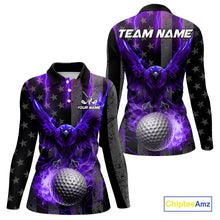 Load image into Gallery viewer, Black American flag Women golf polo shirt Custom purple lightning thunder Eagle patriotic Golf top NQS11094