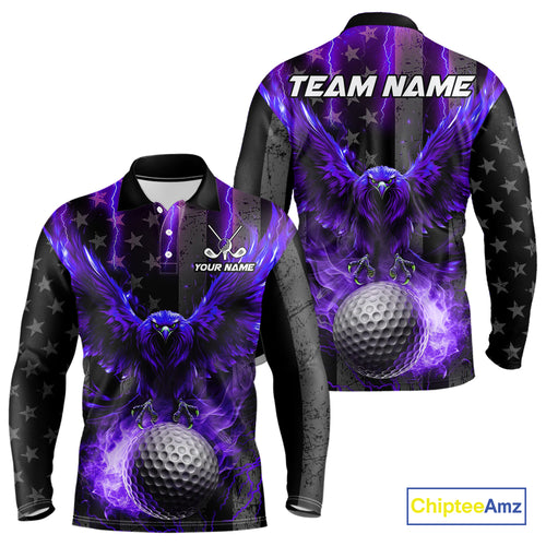 Black American flag Men golf polo shirt Custom purple lightning thunder Eagle patriotic team Golf top NQS11094