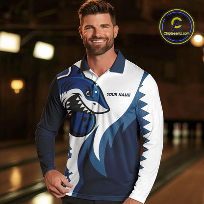 White and Blue Shark Bowling Polo, Quarter Zip shirts for men custom shark bowling team jerseys NQS10159