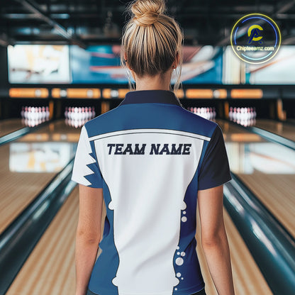 White and Blue Shark Bowling Polo, Quarter Zip shirts for Womens custom shark bowling team jerseys NQS10159