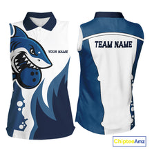Load image into Gallery viewer, White and Blue Shark Women sleeveless Polo Shirt custom shark bowling team jerseys, gift for bowlers NQS10159