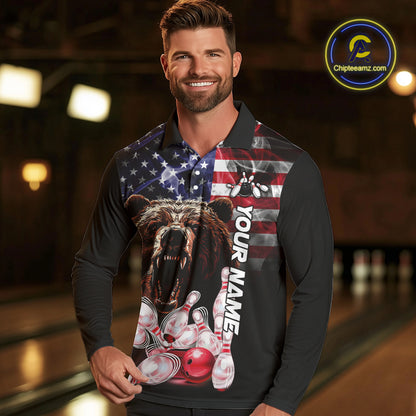 American Flag Bear Bowling Polo, Quarter Zip Shirts for Men Custom patriotic Team Bowling jerseys NQS10287