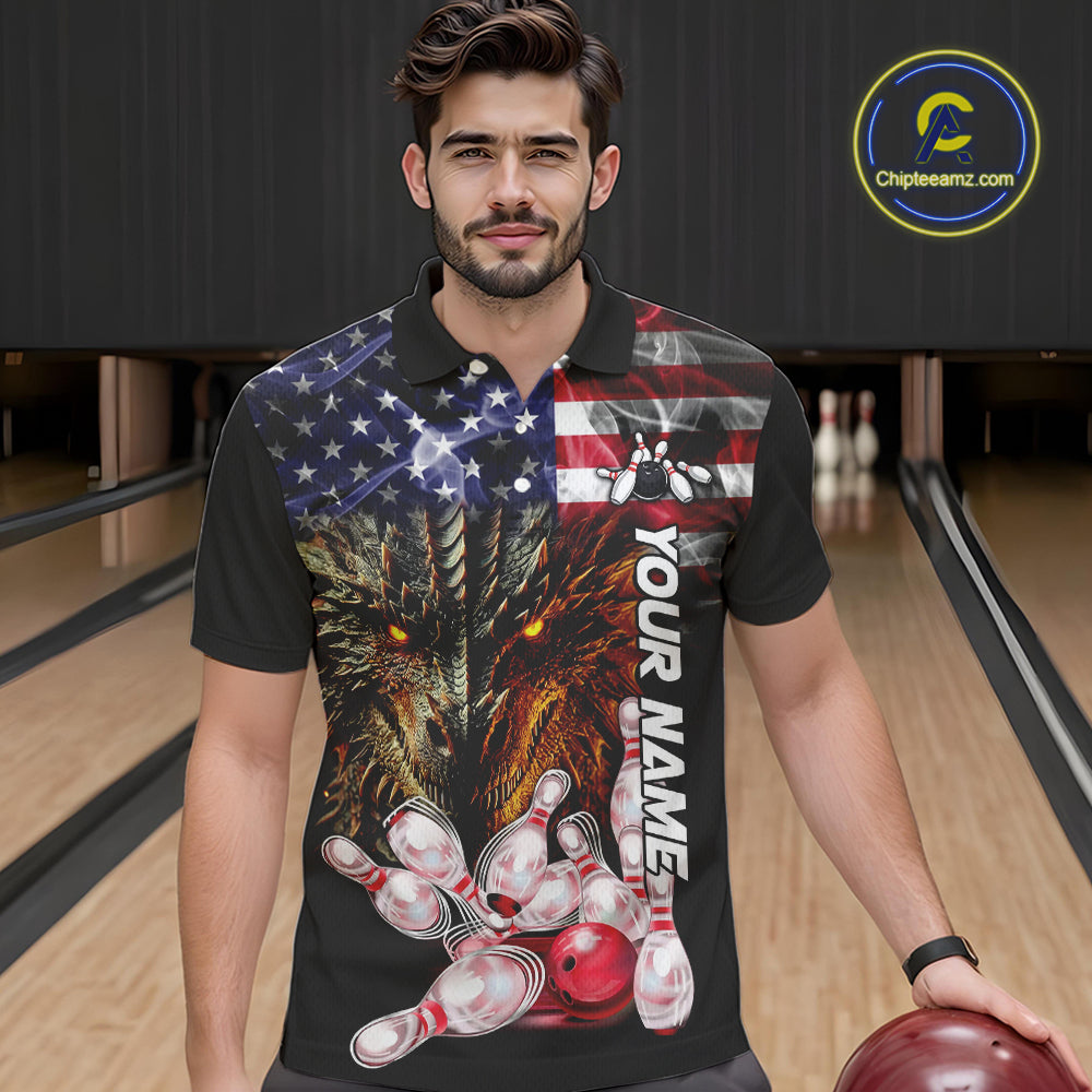 American Flag Dragon Bowling Polo, Quarter Zip Shirts for Men Custom patriotic Team Bowling jerseys NQS10288