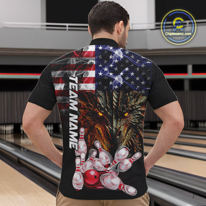 American Flag Dragon Bowling Polo, Quarter Zip Shirts for Men Custom patriotic Team Bowling jerseys NQS10288