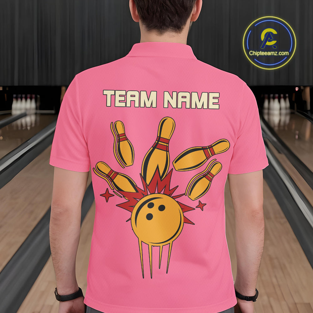 Pink and Yellow Retro Bowling Polo, Quarter Zip shirt for Men Custom vintage team bowling jersey NQS10708