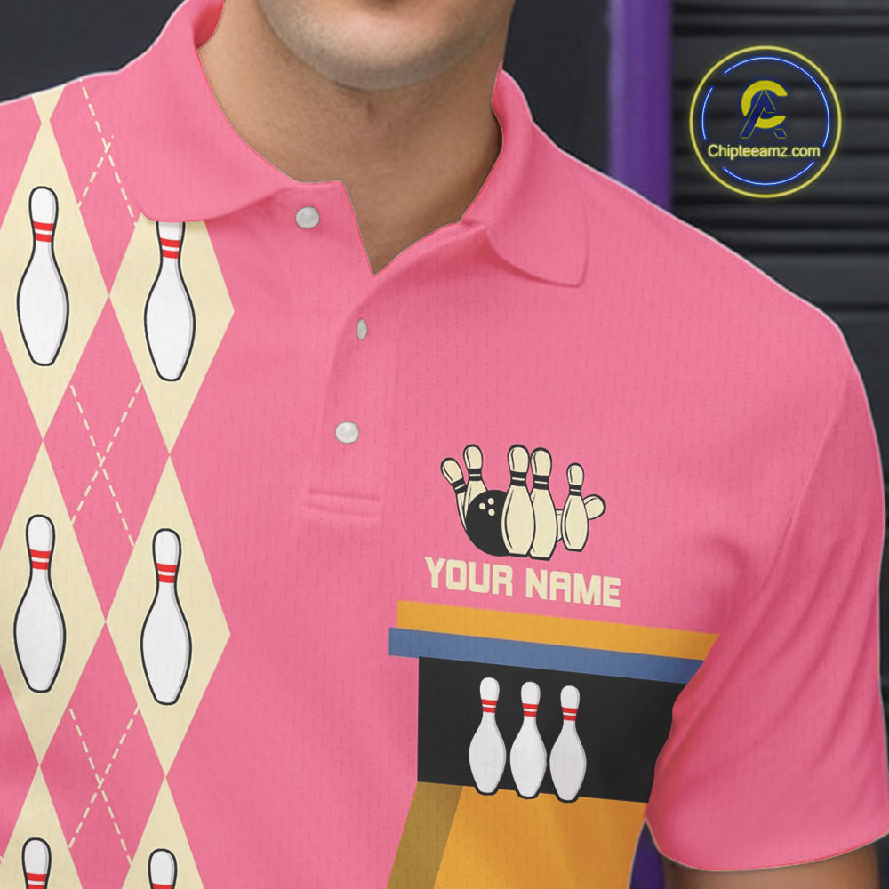 Pink and Yellow Retro Bowling Polo, Quarter Zip shirt for Men Custom vintage team bowling jersey NQS10708