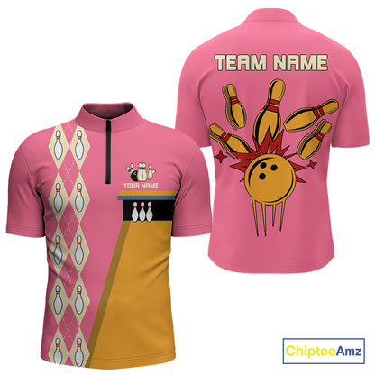 Pink and Yellow Retro Bowling Polo, Quarter Zip shirt for Men Custom vintage team bowling jersey NQS10708