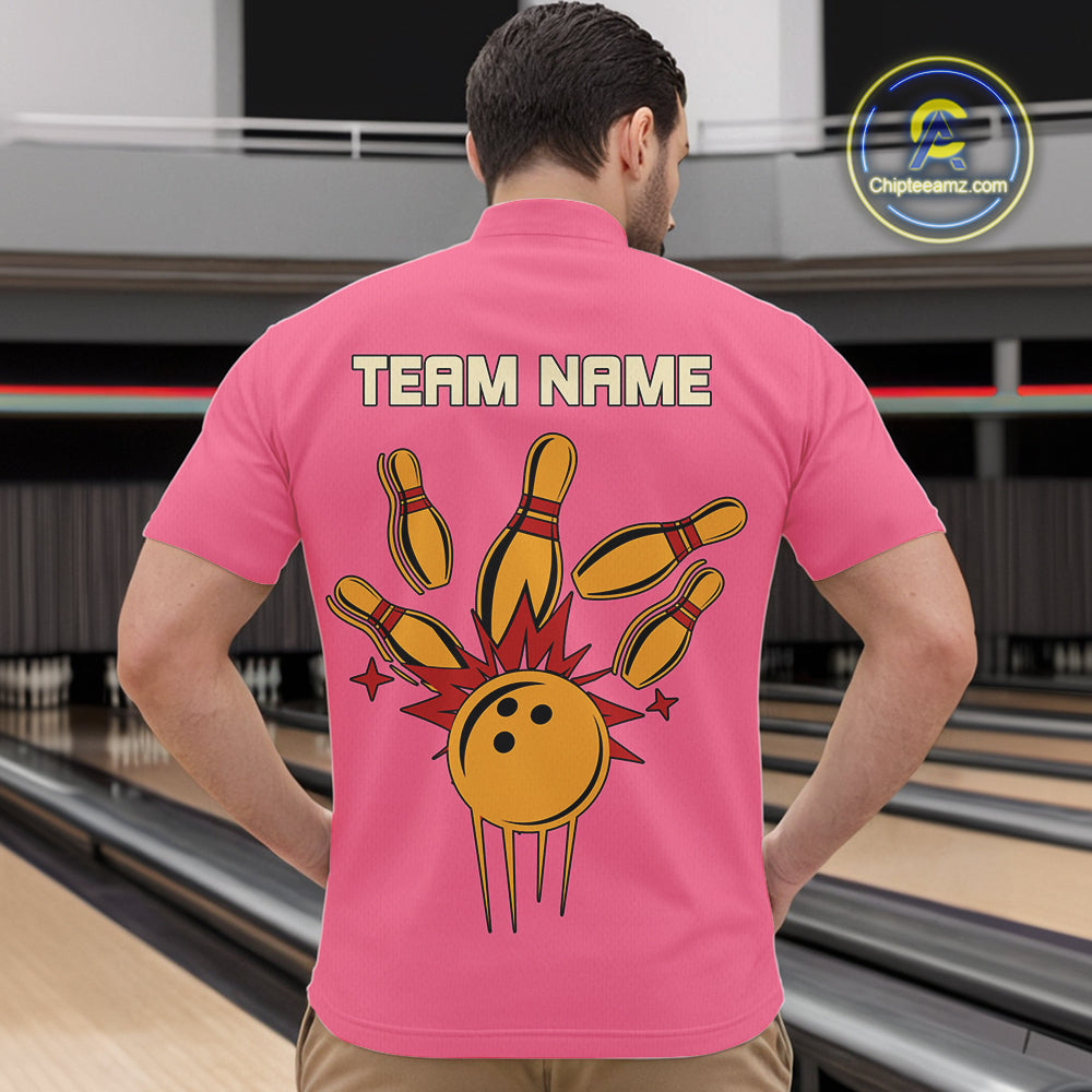 Pink and Yellow Retro Bowling Polo, Quarter Zip shirt for Men Custom vintage team bowling jersey NQS10708