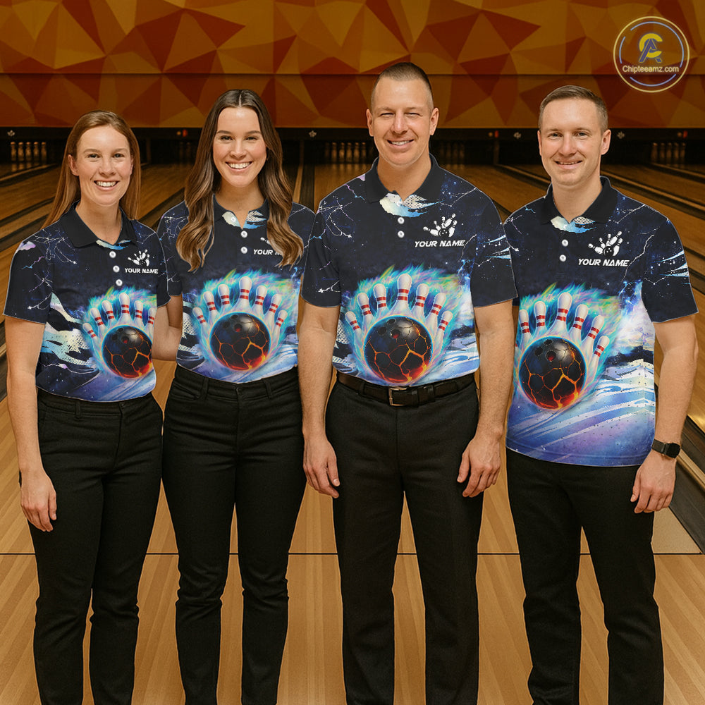 Blue hologram flame Bowling polo, 1/4 zip Shirts for Women Custom Bowling Team jerseys NQS11295