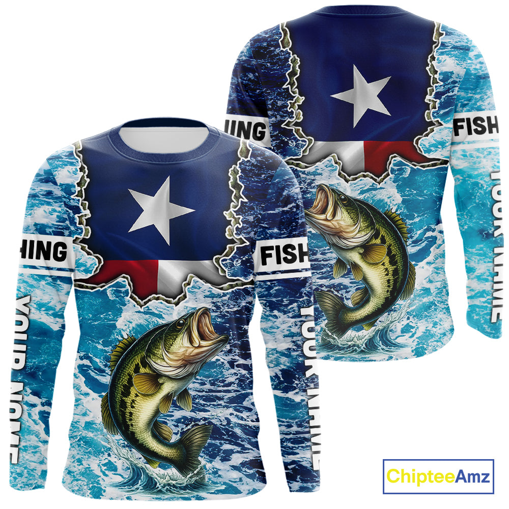 Texas Bass Fishing blue ocean camo custom Largemouth Bass long sleeves performance fishing shirts NQS9999