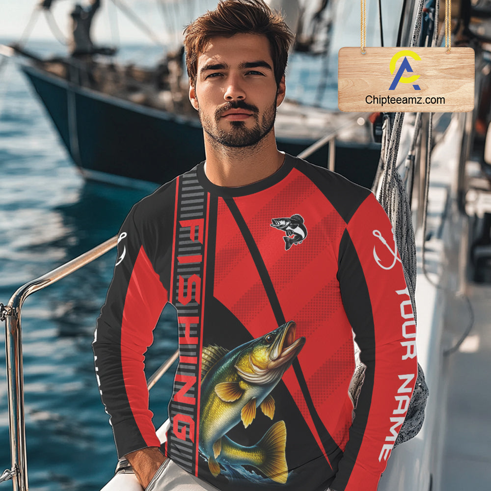 Black and red Walleye Fishing Custom UV protection Long sleeve fishing shirts For Men, Women NQS10161