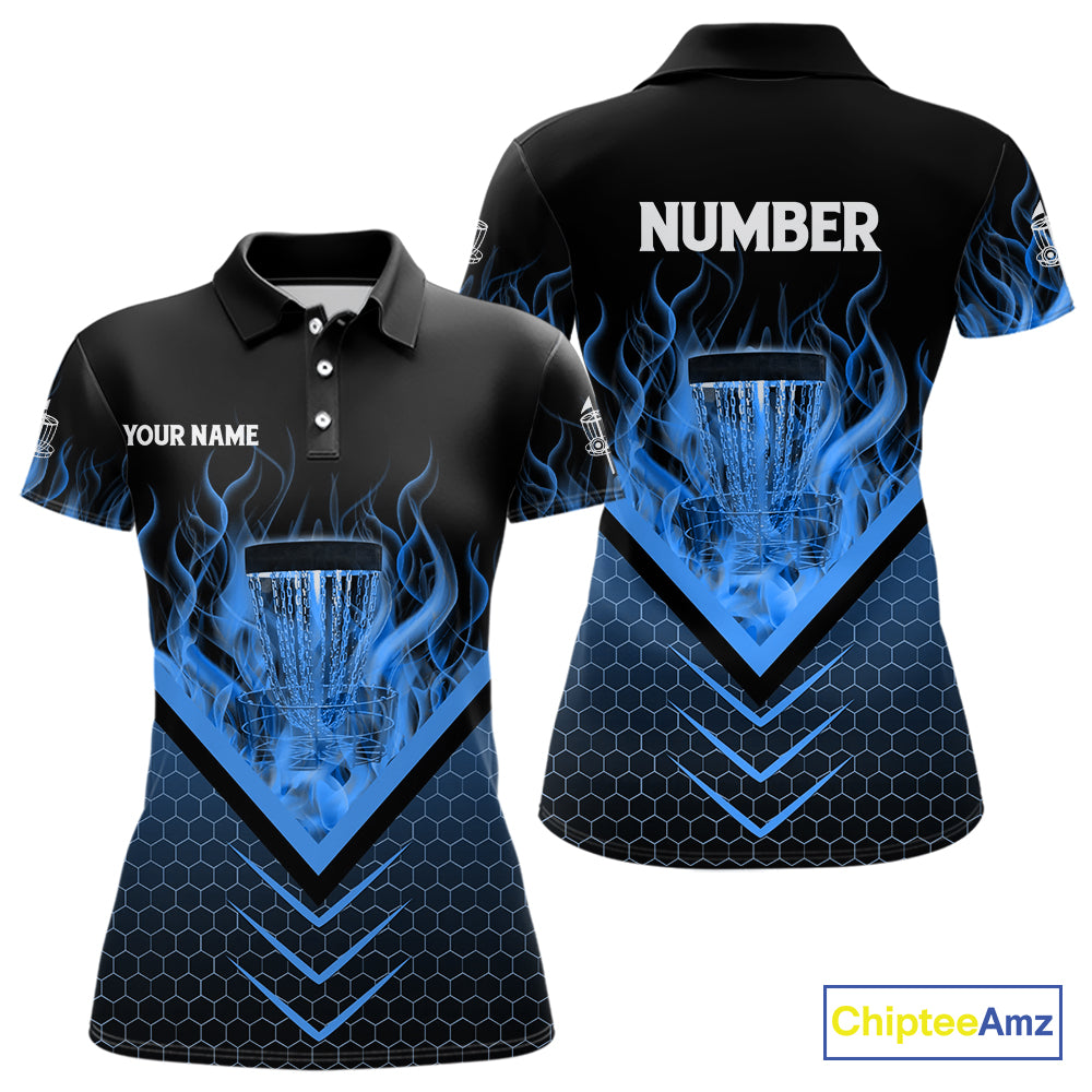Black and Blue Fire Women Disc golf polo shirts custom flame disc golf basket jersey, disc golf shirt NQS10922