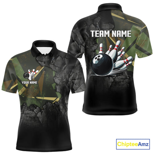 Green Camo Black Bowling Polo, Quarter Zip Shirts for Men Custom Team Bowling Jersey NQS10929