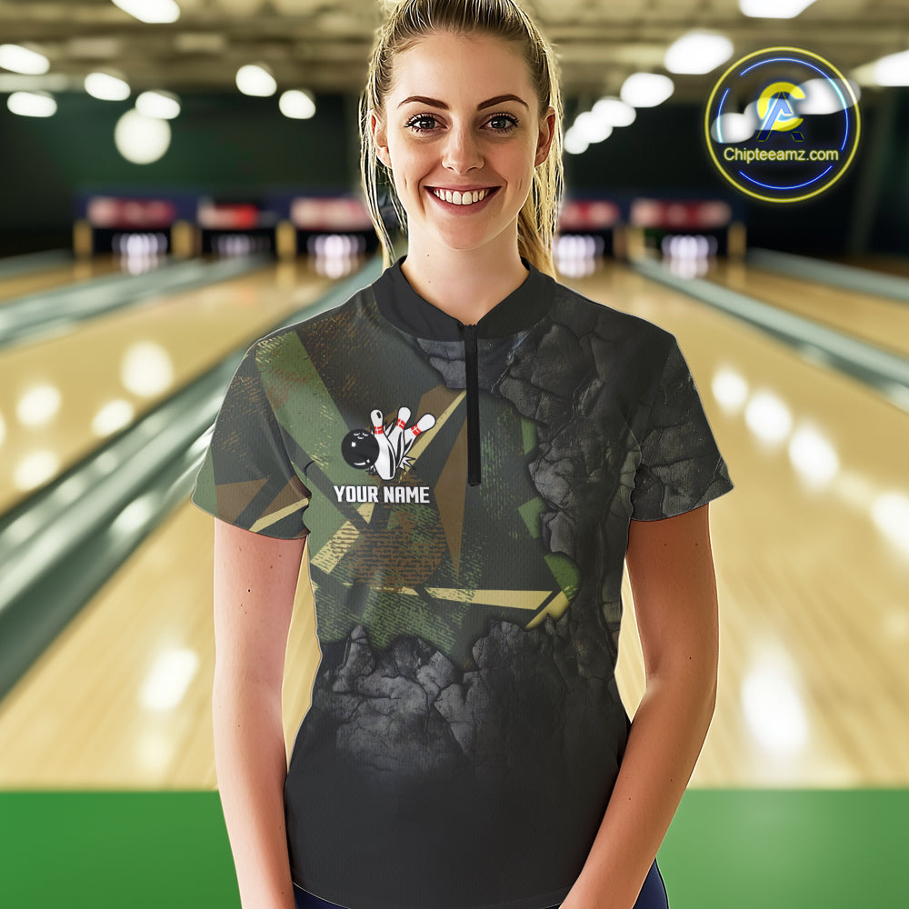 Green Camo Black Bowling Polo, Quarter Zip Shirts for Women Custom Team Bowling Jersey NQS10929