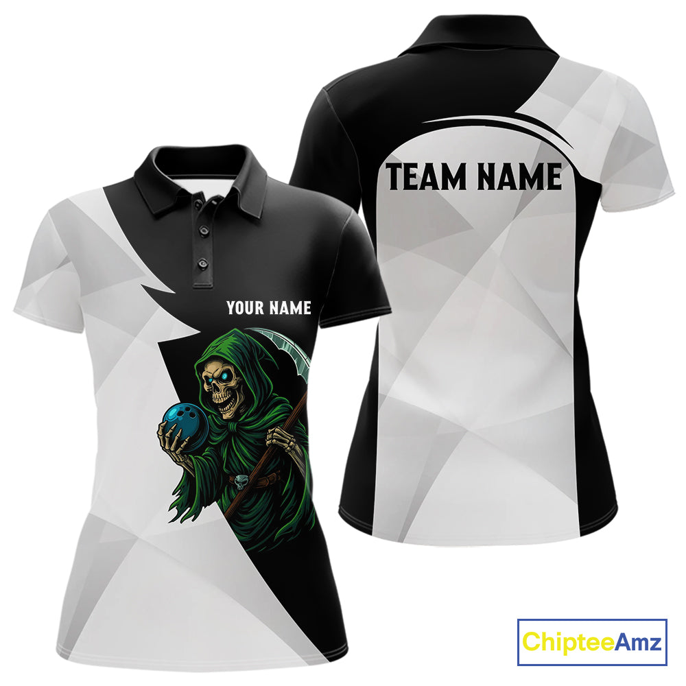 Black and White Funny Skull reaper Bowling Polo, 1/4 Zip Shirts For Women Custom Team Bowling Jersey NQS11100