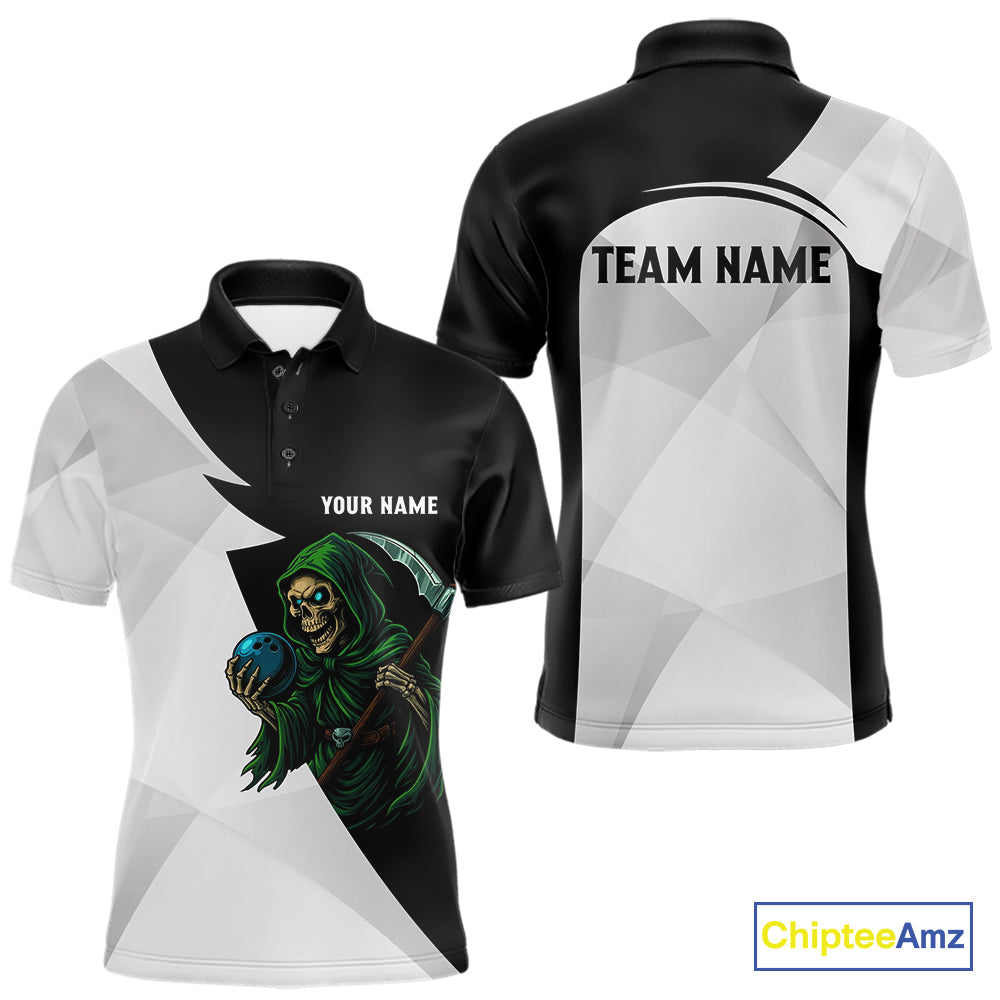 Black and White Funny Skull reaper Bowling Polo, 1/4 Zip Shirts For Men Custom Team Bowling Jersey NQS11100