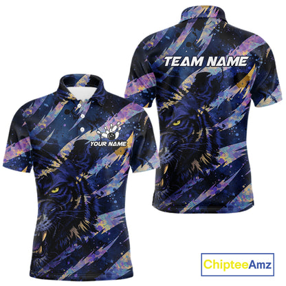 Blue and Purple watercolor Tiger Bowling Polo, Quarter Zip Shirt For Men Custom bowling Team outfit NQS11308