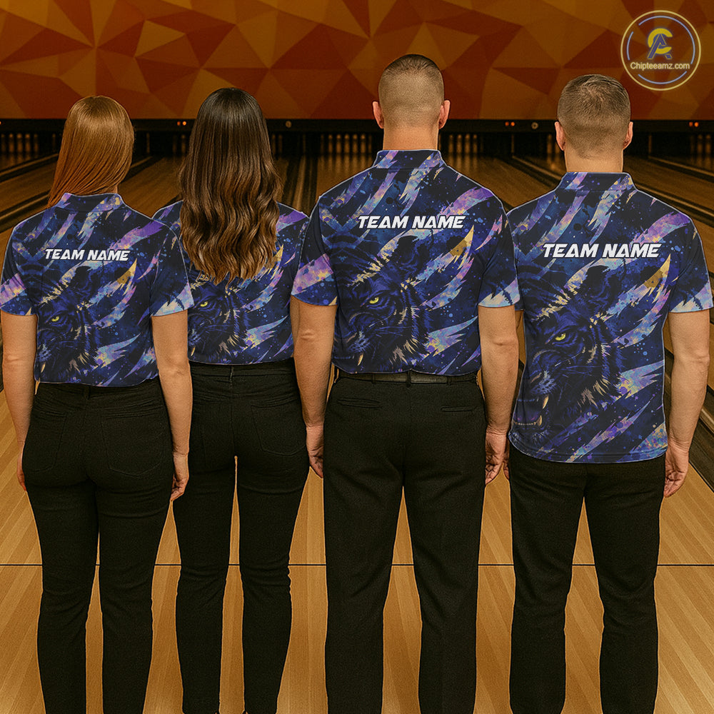 Blue and Purple watercolor Tiger Bowling Polo, Quarter Zip Shirt For Women Custom bowling Team outfit NQS11308